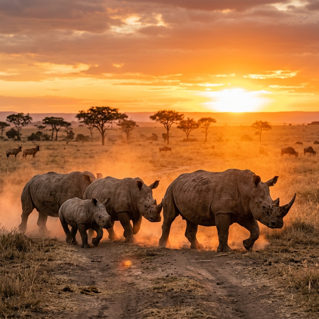 Rhinoceros family in the African savanna wild lands